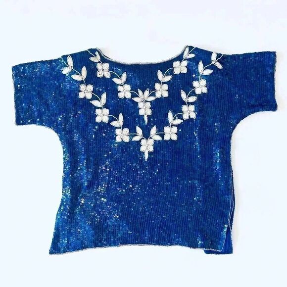 Judi 80s Sequins Top 100% Silk Size L (Medium current) Royal Blue - Picture 3 of 6